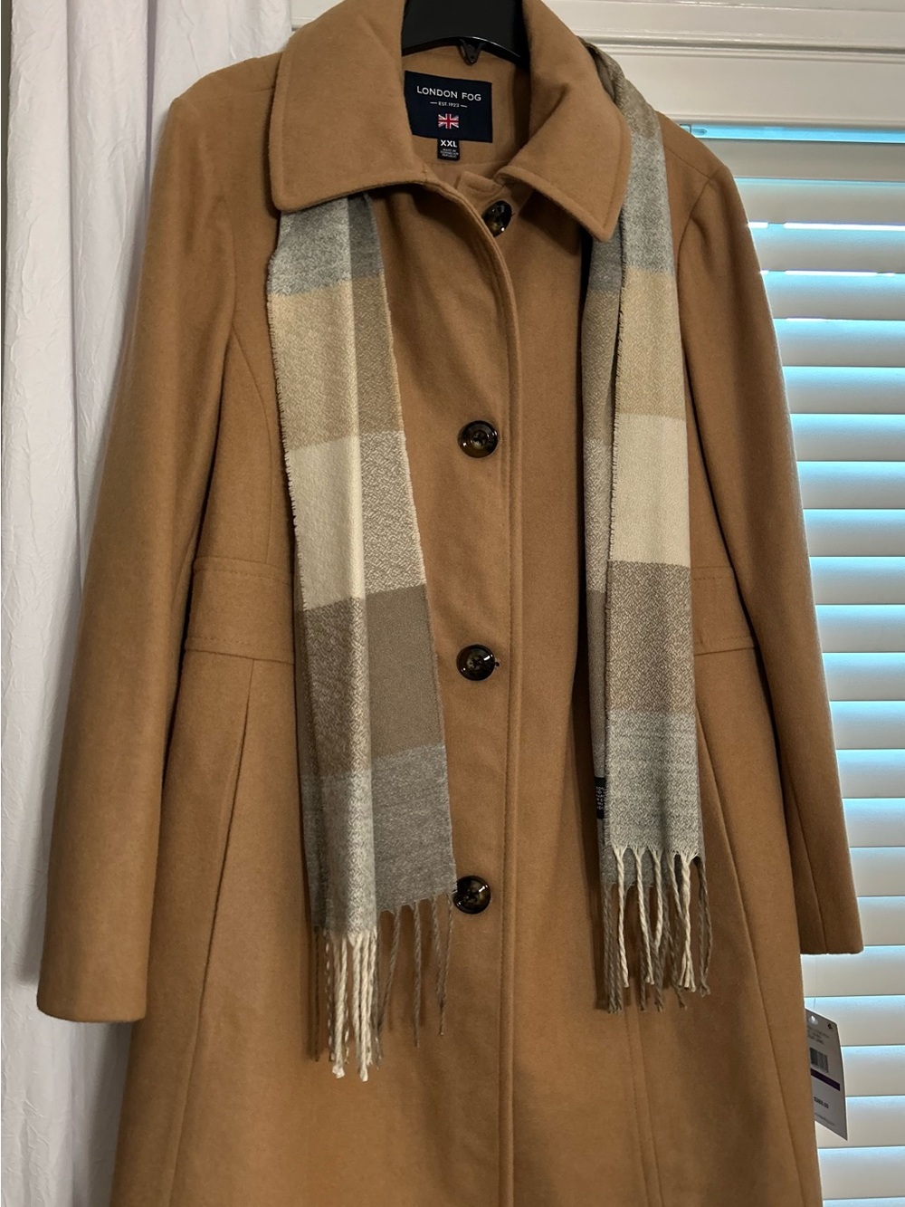 London Fog Women's Camel Wool-Blend Coat with Plaid Scarf